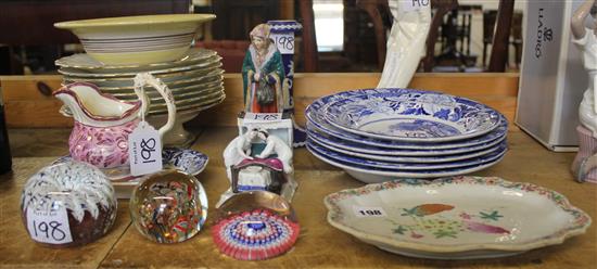 Blue & white ceramics, 3 glass paperweights etc